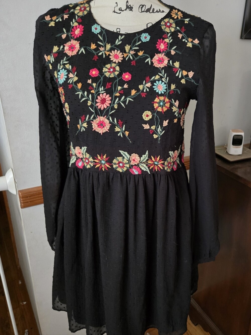 Zara Black Long-Sleeve Dress Top with Multicolor Floral Embroidery